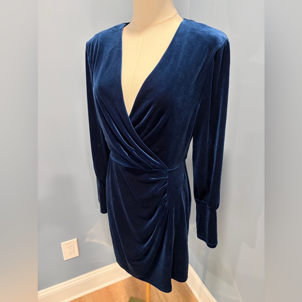 Express Blue Velvet Wrap Dress Size M Long Sleeve Cocktail Mini
